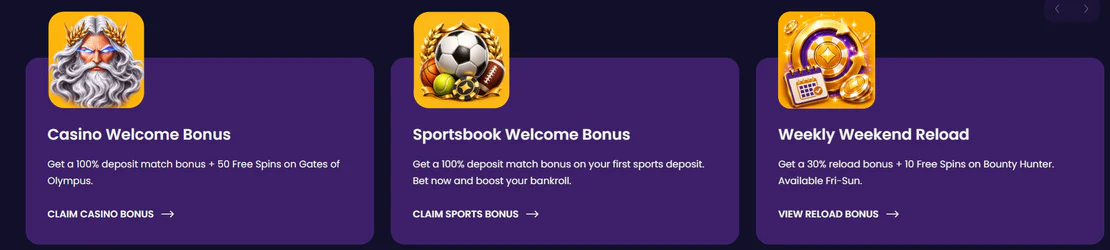 CazzyGames bonuses with casino welcome bonus, sportsbook welcome bonus and weekly weekend reload offer