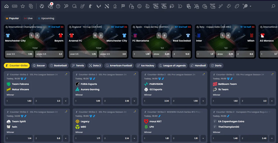 CazzyGames sports betting interface with live football matches, Counter-Strike events and betting odds